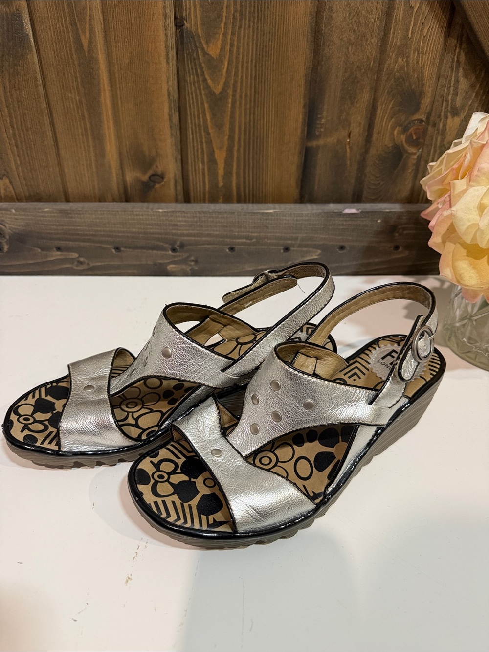 Fly London Silver Leather Wedge Sandals